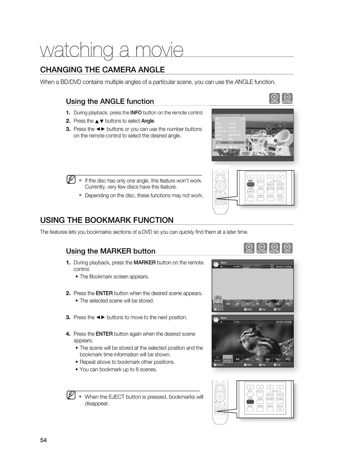 Samsung HT-BD2 Changing the Camera Angle, Using the Bookmark Function, Using the Angle function, Using the Marker button 