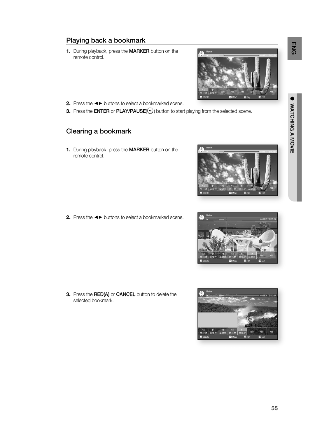 Samsung HT-BD2 manual Playing back a bookmark, Clearing a bookmark, During playback, press the Marker button on 