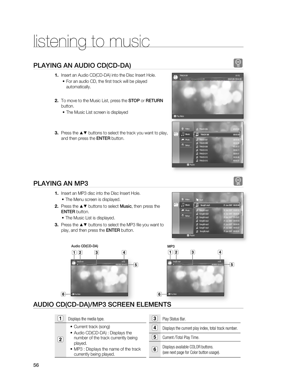 Samsung HT-BD2 manual Listening to music, Playing AN Audio CDCD-DA, Playing AN MP3, Audio Cdcd, Elements 