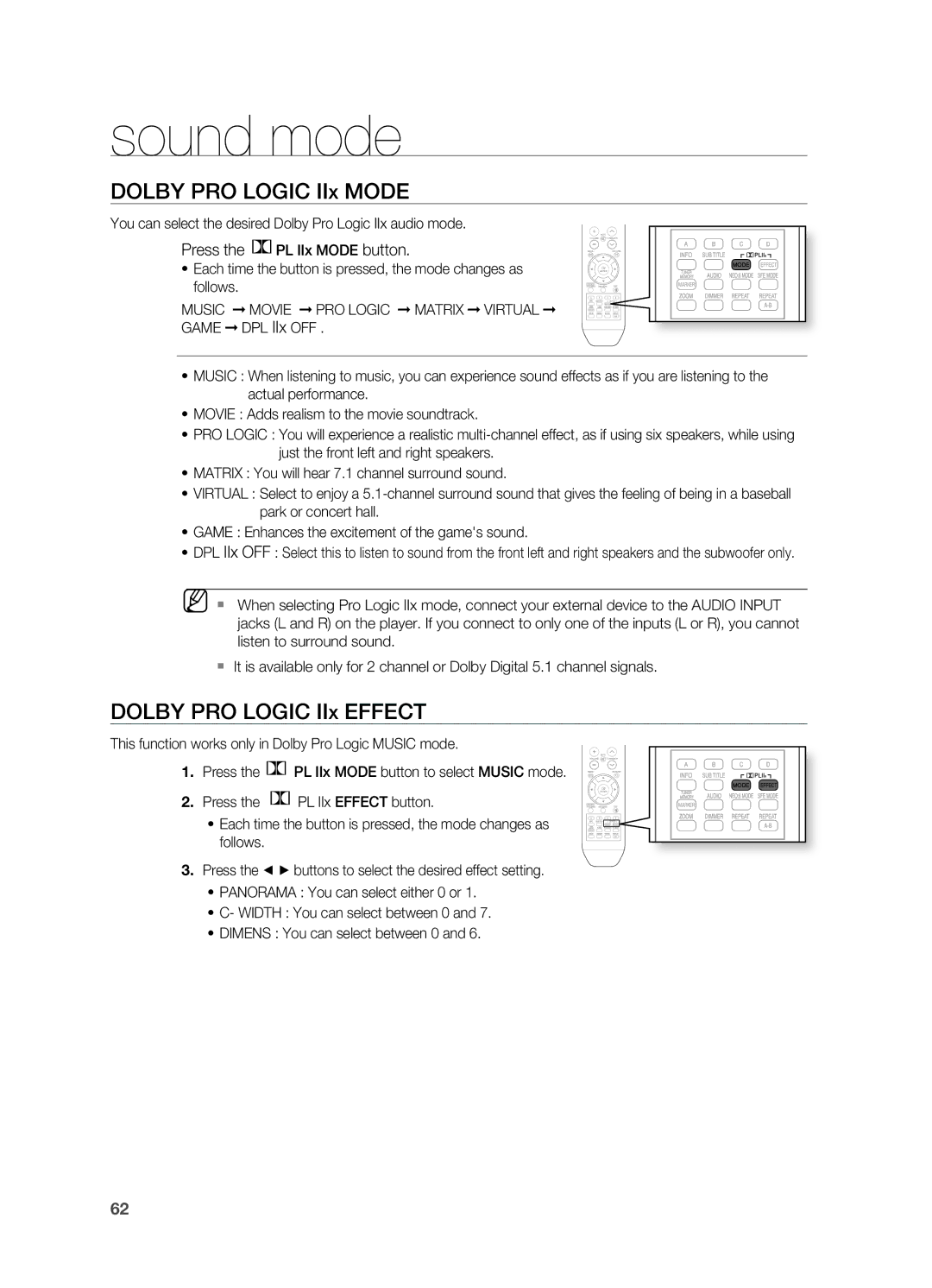 Samsung HT-BD2 manual Dolby PRO Logic IIx Mode, Dolby PRO Logic IIx Effect, Press the PL IIx Mode button 