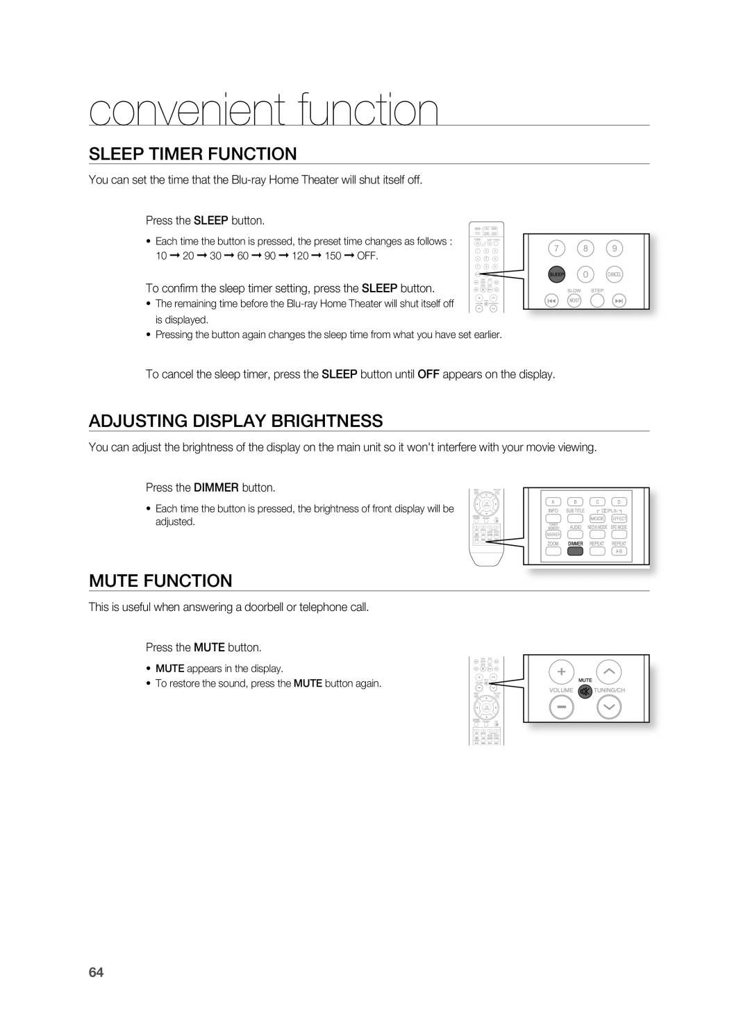 Samsung HT-BD2 manual Convenient function, Sleep Timer Function, Adjusting Display Brightness, Mute Function 