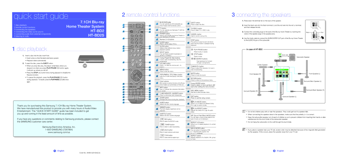 Samsung HT-BD2 quick start Remote control functions Connecting the speakers, Disc playback 