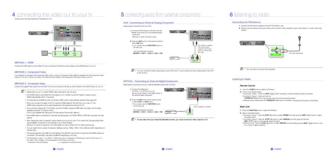 Samsung HT-BD2 Connecting the video out to your tv, Connecting audio from external components, Listening to radio 