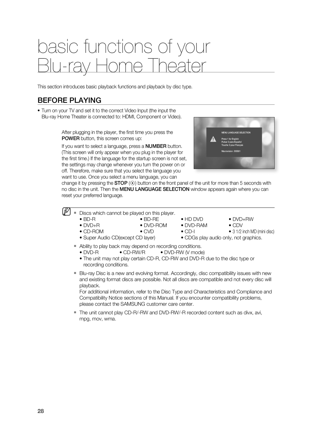 Samsung HT-BD2 manual basic functions of your Blu-rayHome Theater, Before Playing 
