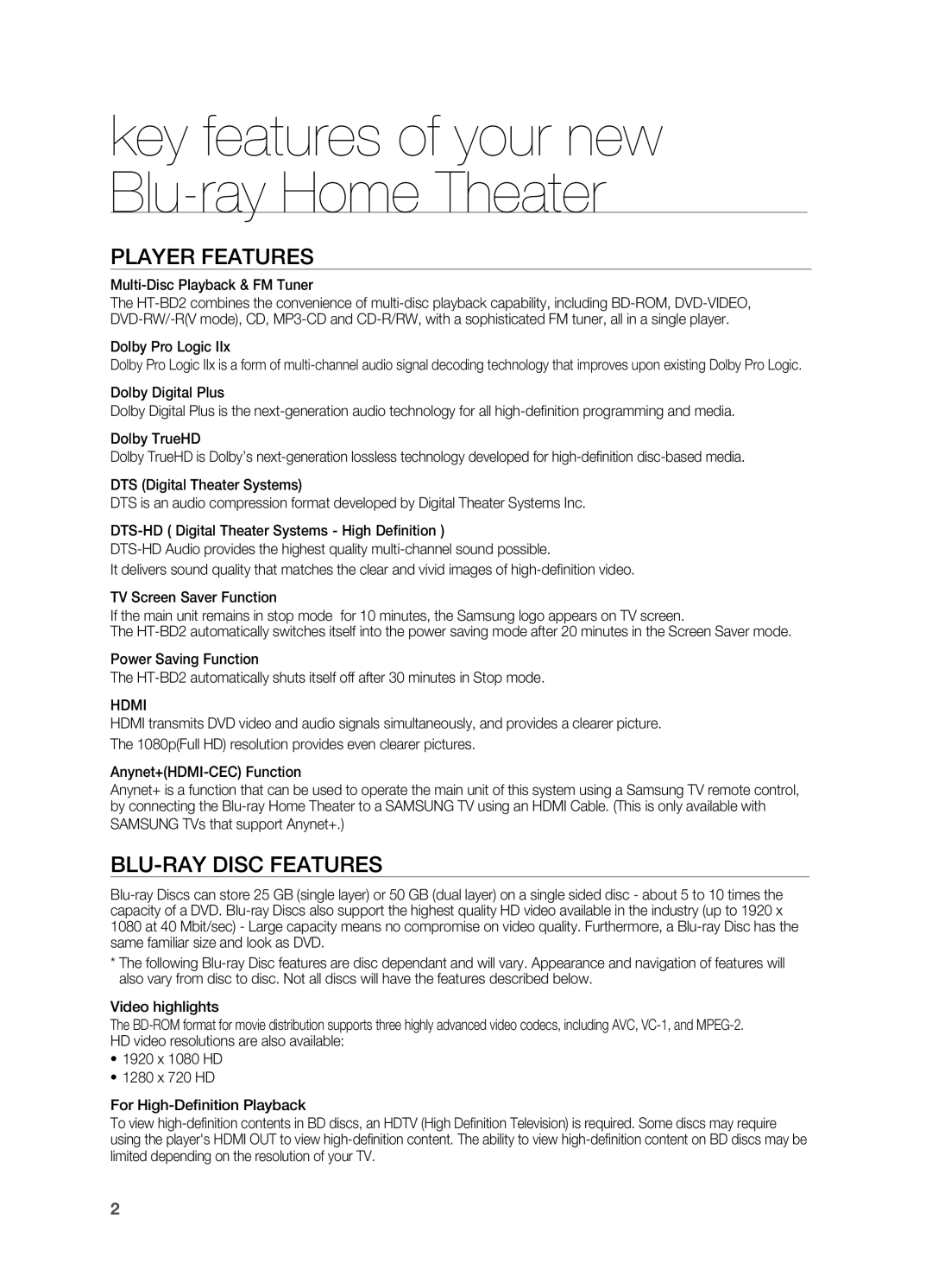 Samsung HT-BD2 manual key features of your new Blu-rayHome Theater, Player Features, Blu-Raydisc Features 