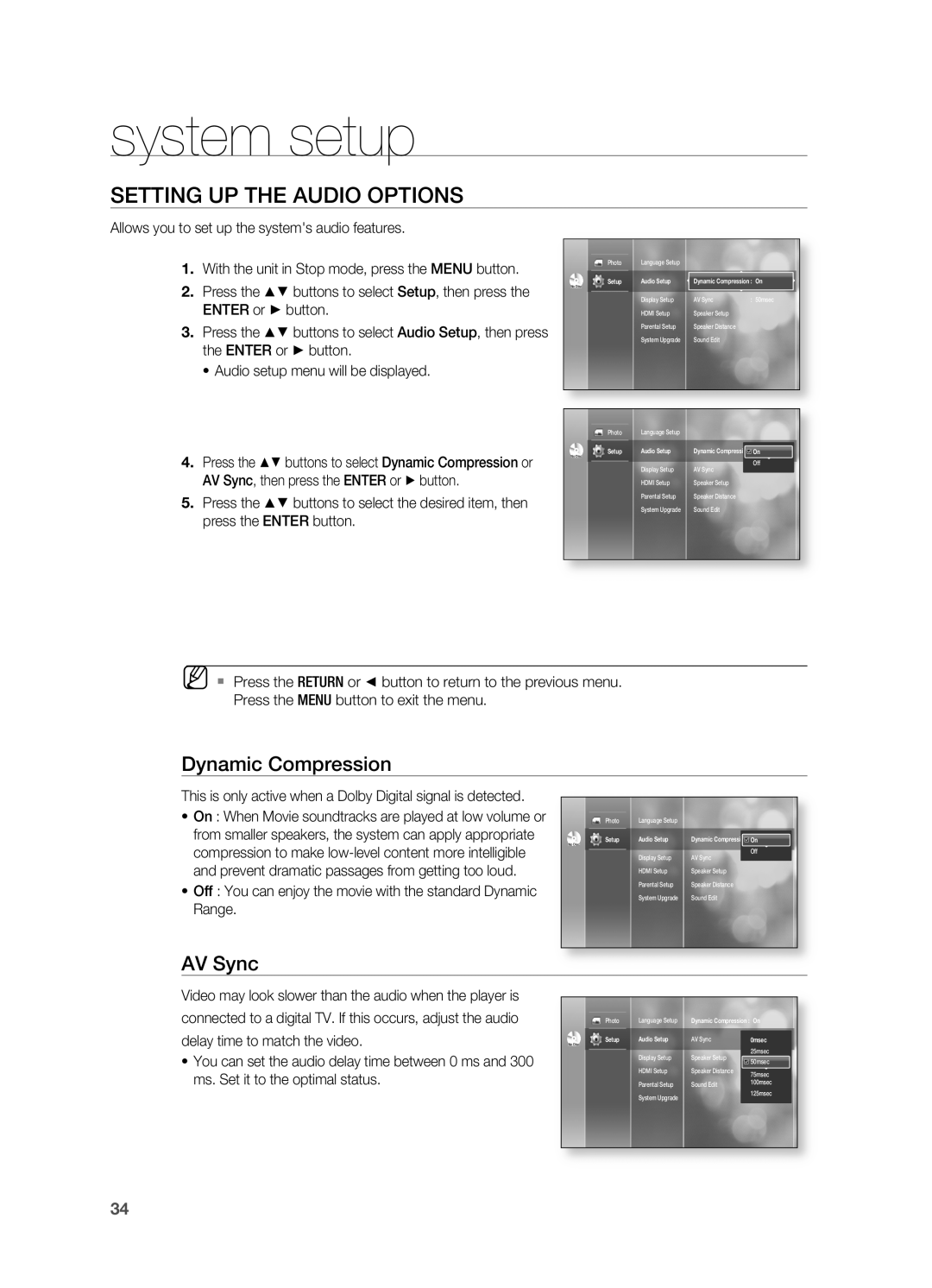 Samsung HT-BD2 manual Setting Up The Audio Options, Dynamic Compression, AV Sync, system setup, Range 
