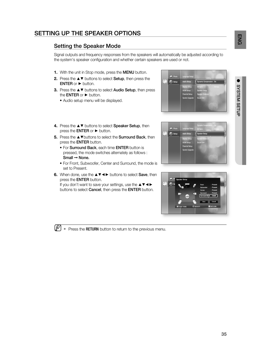 Samsung HT-BD2 manual Setting Up The Speaker Options, Setting the Speaker Mode 