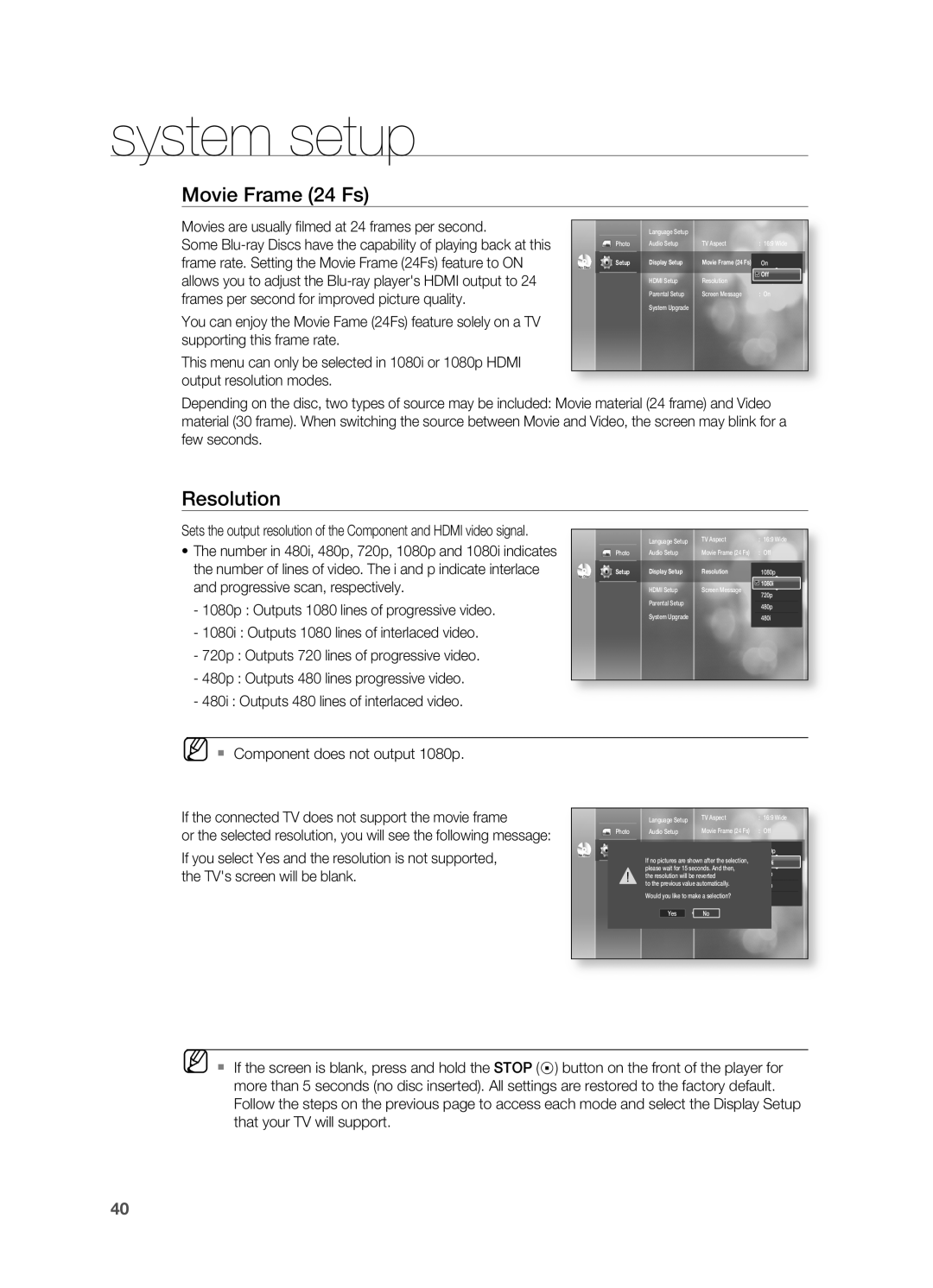 Samsung HT-BD2 manual Movie Frame 24 Fs, Resolution, system setup, frames per second for improved picture quality 