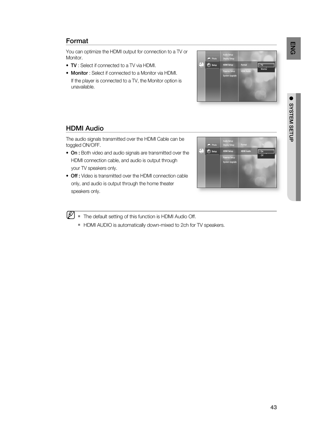 Samsung HT-BD2 manual Format, HDMI Audio, Monitor, TV : Select if connected to a TV via HDMI, unavailable, System, Setup 