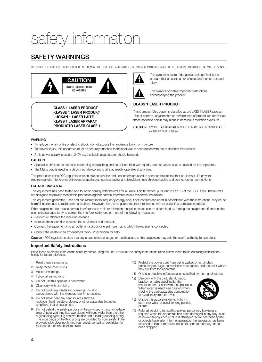 Samsung HT-BD2 manual safety information, Safety Warnings, Important Safety Instructions, Producto Laser Clase 