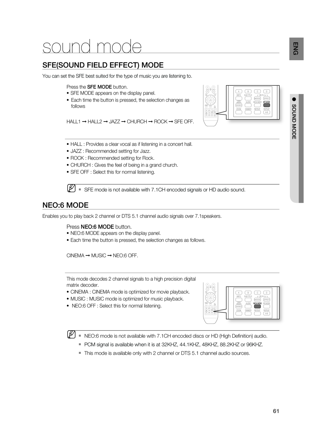 Samsung HT-BD2 manual sound mode, Sfesound Field Effect Mode, NEO:6 MODE 