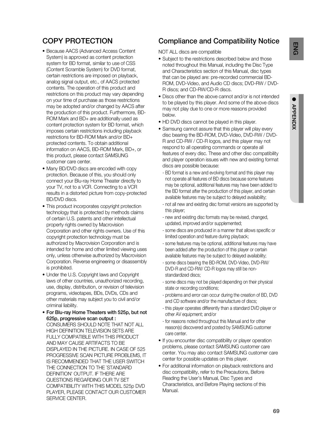 Samsung HT-BD2 manual Copy Protection, Compliance and Compatibility Notice 