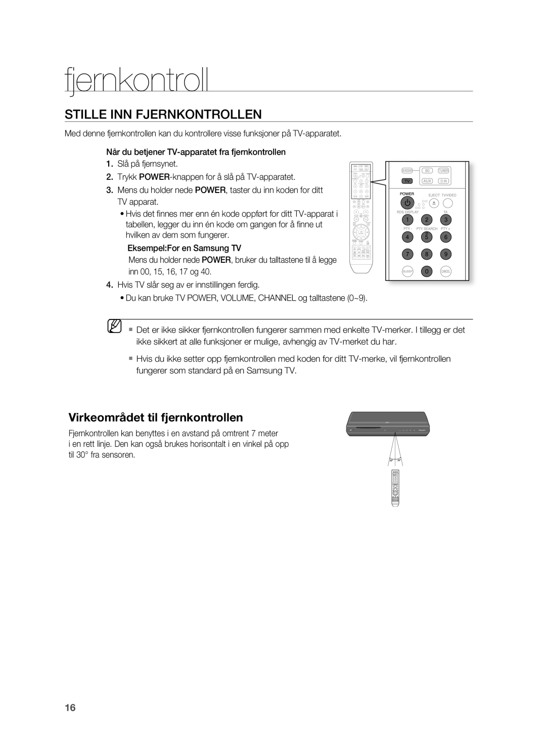 Samsung HT-BD2ER/XEE, HT-BD2R/XEE manual Stille INN Fjernkontrollen, Virkeområdet til fjernkontrollen 