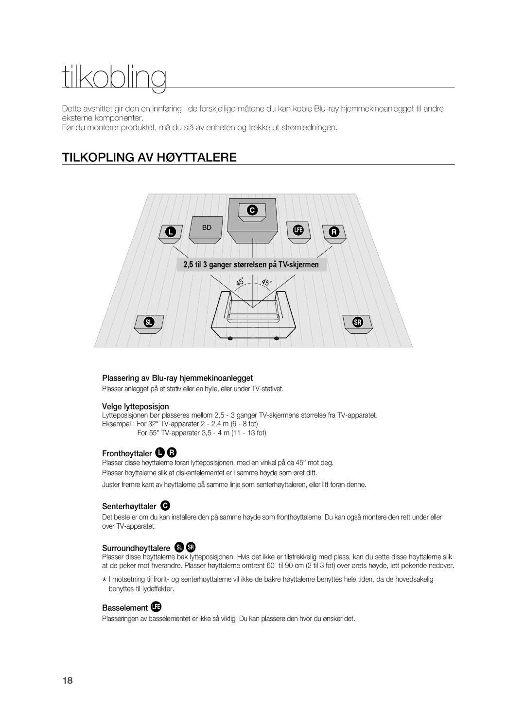 Samsung HT-BD2ER/XEE, HT-BD2R/XEE manual Tilkobling, Tilkopling av høyttalere 