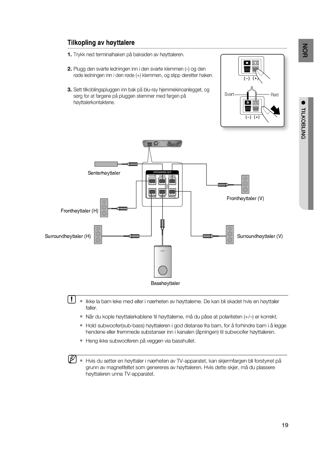 Samsung HT-BD2R/XEE, HT-BD2ER/XEE manual Trykk ned terminalhaken på baksiden av høyttaleren 