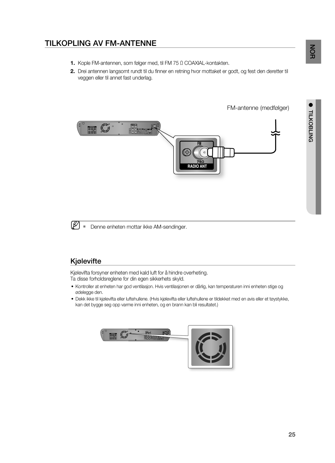 Samsung HT-BD2R/XEE, HT-BD2ER/XEE manual Tilkopling av FM-antenne, Kjølevifte, FM-antenne medfølger 