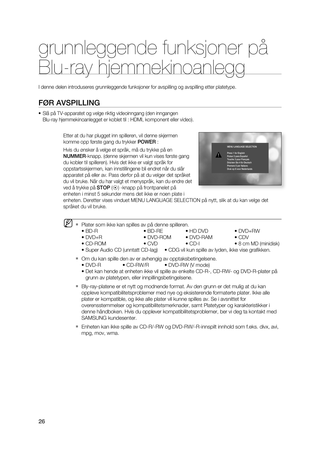 Samsung HT-BD2ER/XEE, HT-BD2R/XEE manual FøR AVSPILLINg, Hvis du ønsker å velge et språk, må du trykke på en 