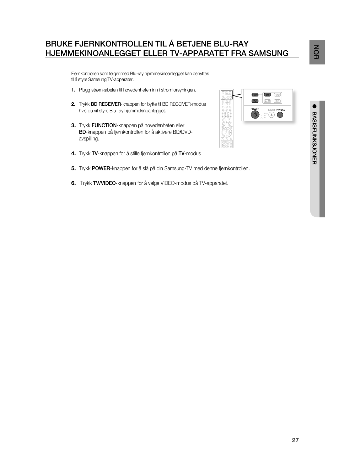 Samsung HT-BD2R/XEE, HT-BD2ER/XEE manual Basisfunksjoner 