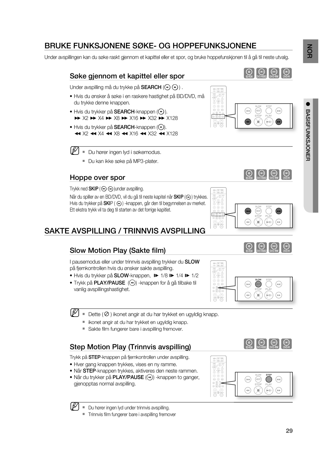 Samsung HT-BD2R/XEE, HT-BD2ER/XEE manual Bruke Funksjonene SøKE- Og Hoppefunksjonene, Sakte AVSPILLINg / Trinnvis AVSPILLINg 