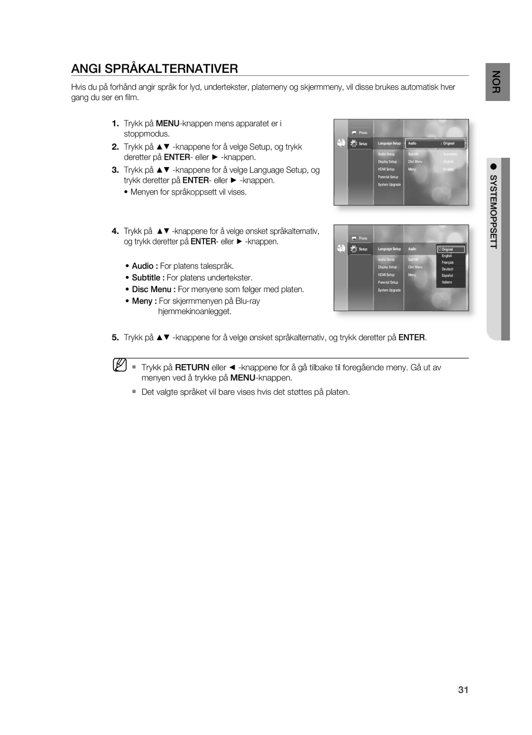 Samsung HT-BD2R/XEE ANgI Språkalternativer, Systemoppsett, Audio For platens talespråk, Subtitle For platens undertekster 