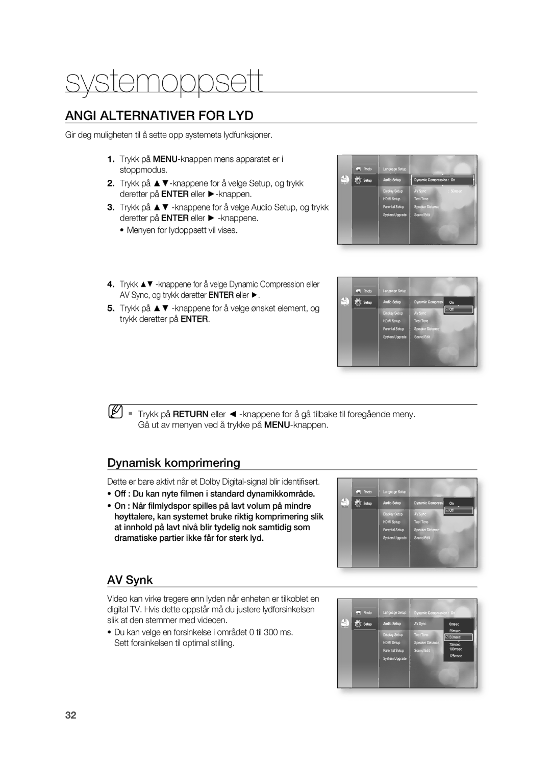 Samsung HT-BD2ER/XEE, HT-BD2R/XEE manual ANgI Alternativer for LYD, Dynamisk komprimering, AV Synk 