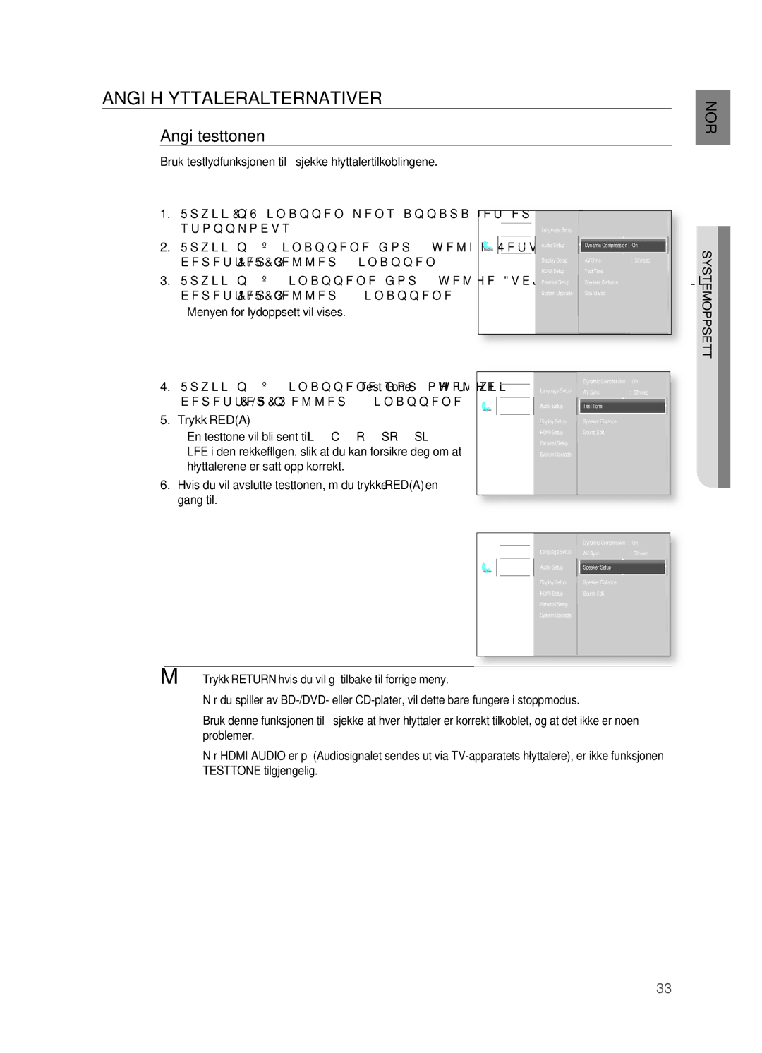 Samsung HT-BD2R/XEE, HT-BD2ER/XEE manual ANgI HøYTTALERALTERNATIVER, Angi testtonen 