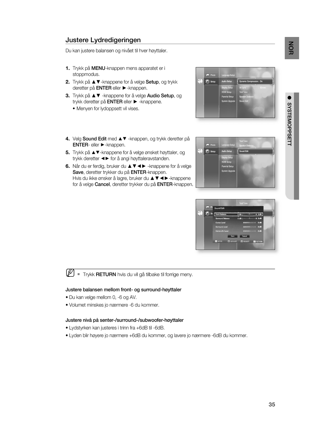 Samsung HT-BD2R/XEE, HT-BD2ER/XEE manual Justere Lydredigeringen, Setup Audio Setup Sound Edit 