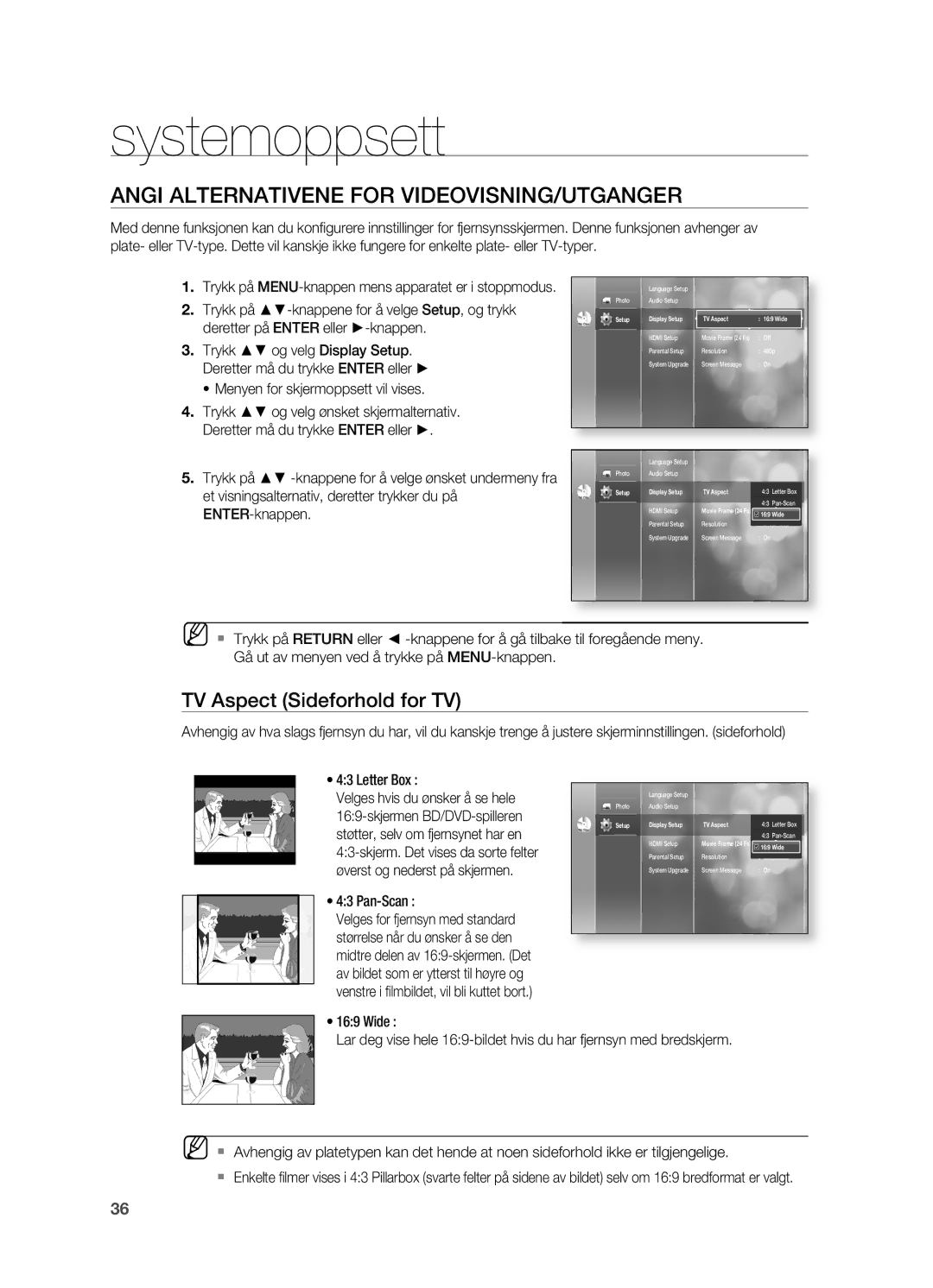 Samsung HT-BD2ER/XEE, HT-BD2R/XEE manual ANgI Alternativene for VIDEOVISNINg/UTgANgER, TV Aspect Sideforhold for TV 