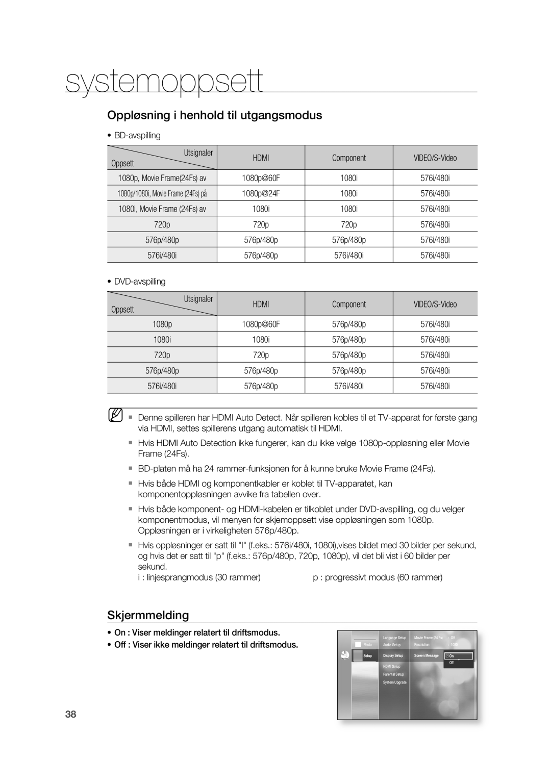 Samsung HT-BD2ER/XEE, HT-BD2R/XEE manual Oppløsning i henhold til utgangsmodus, Skjermmelding 