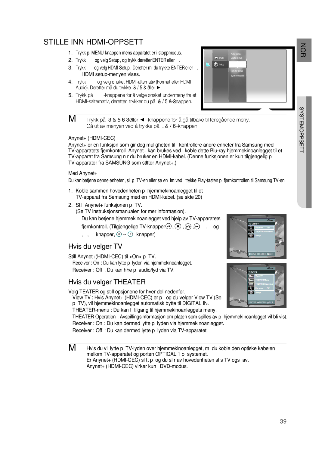 Samsung HT-BD2R/XEE, HT-BD2ER/XEE manual Stille INN HDMI-OPPSETT, Hvis du velger TV, Hvis du velger Theater 