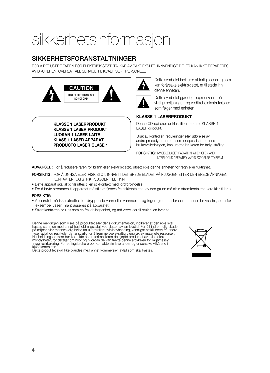 Samsung HT-BD2ER/XEE, HT-BD2R/XEE manual Sikkerhetsinformasjon, Sikkerhetsforanstaltninger 