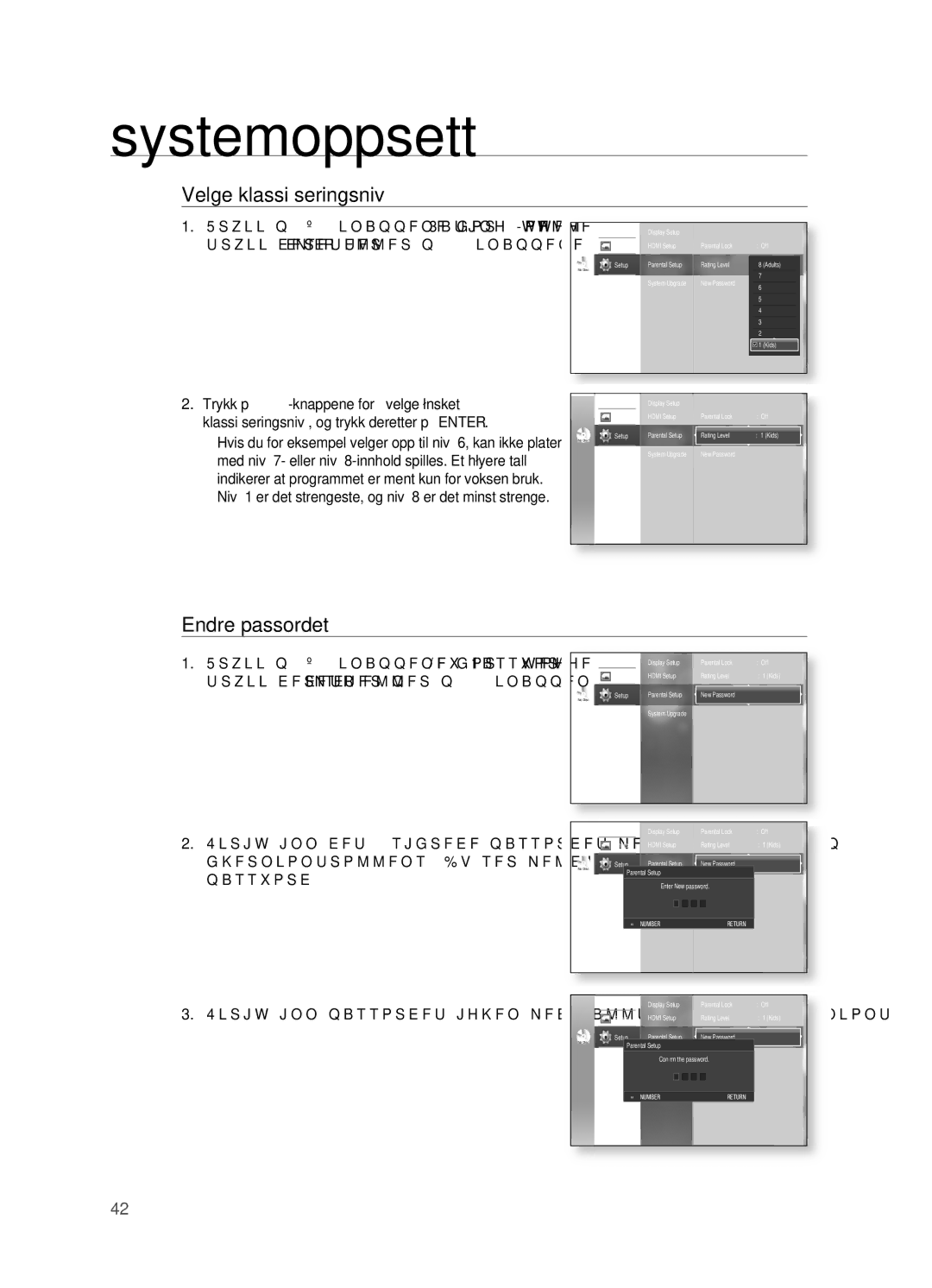 Samsung HT-BD2ER/XEE, HT-BD2R/XEE manual Velge klassifi seringsnivå, Endre passordet 