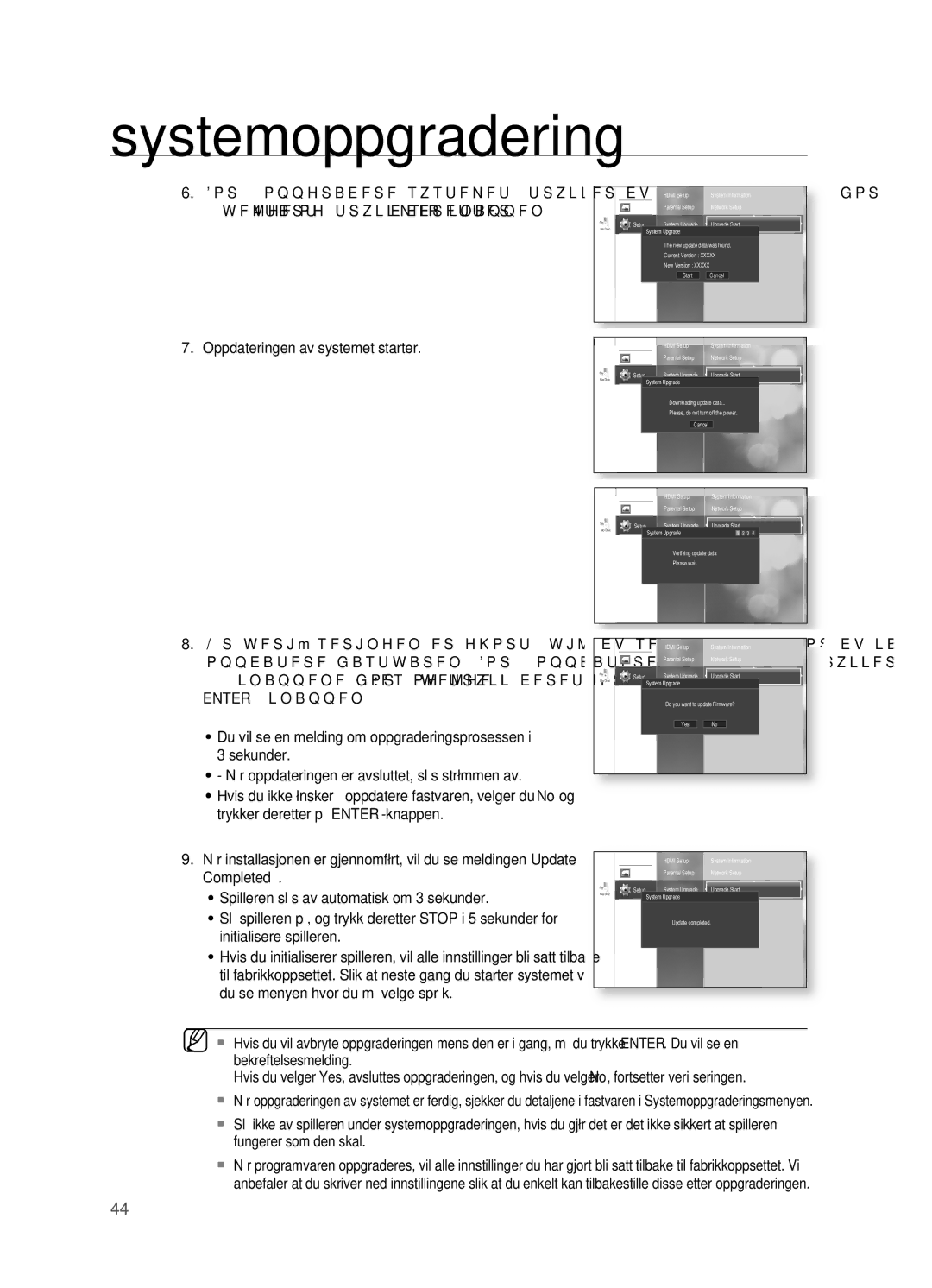 Samsung HT-BD2ER/XEE Knappene for å velge Yes, og trykk deretter på, Enter -knappen, Completed, Initialisere spilleren 