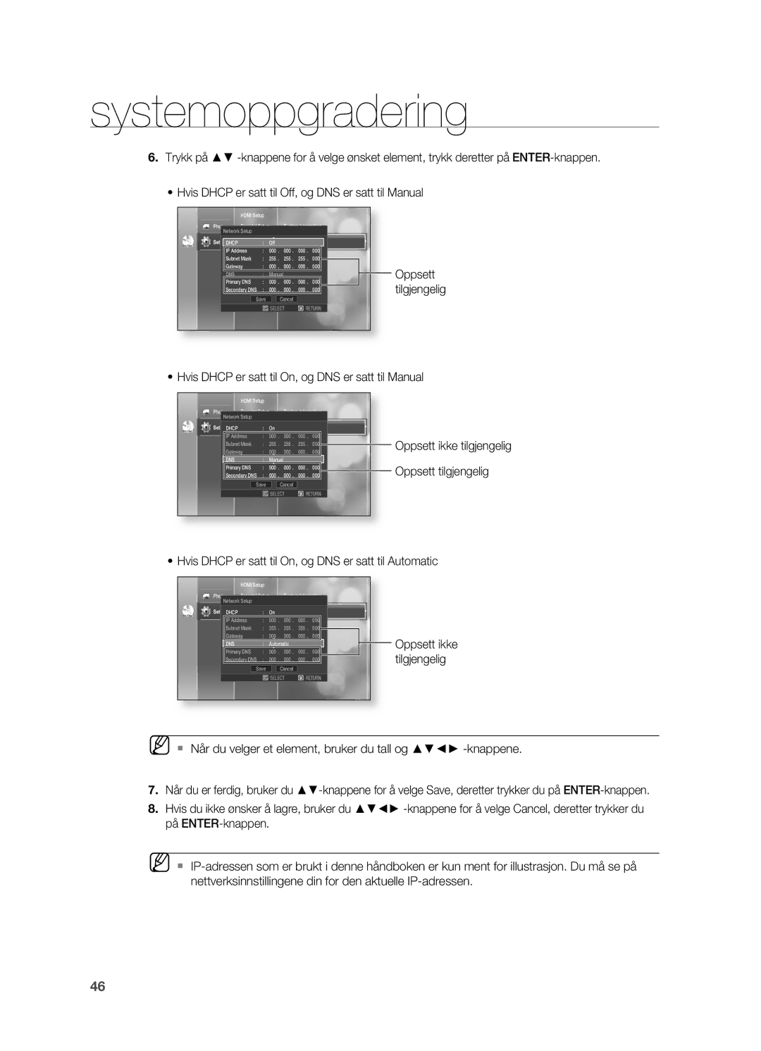 Samsung HT-BD2ER/XEE, HT-BD2R/XEE manual Hvis Dhcp er satt til On, og DNS er satt til Manual 