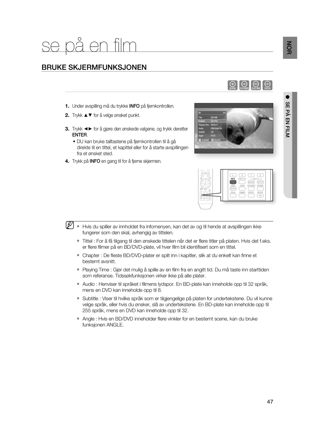 Samsung HT-BD2R/XEE, HT-BD2ER/XEE manual Se på en ﬁ lm, Bruke Skjermfunksjonen, Enter, SE PÅ EN Film 