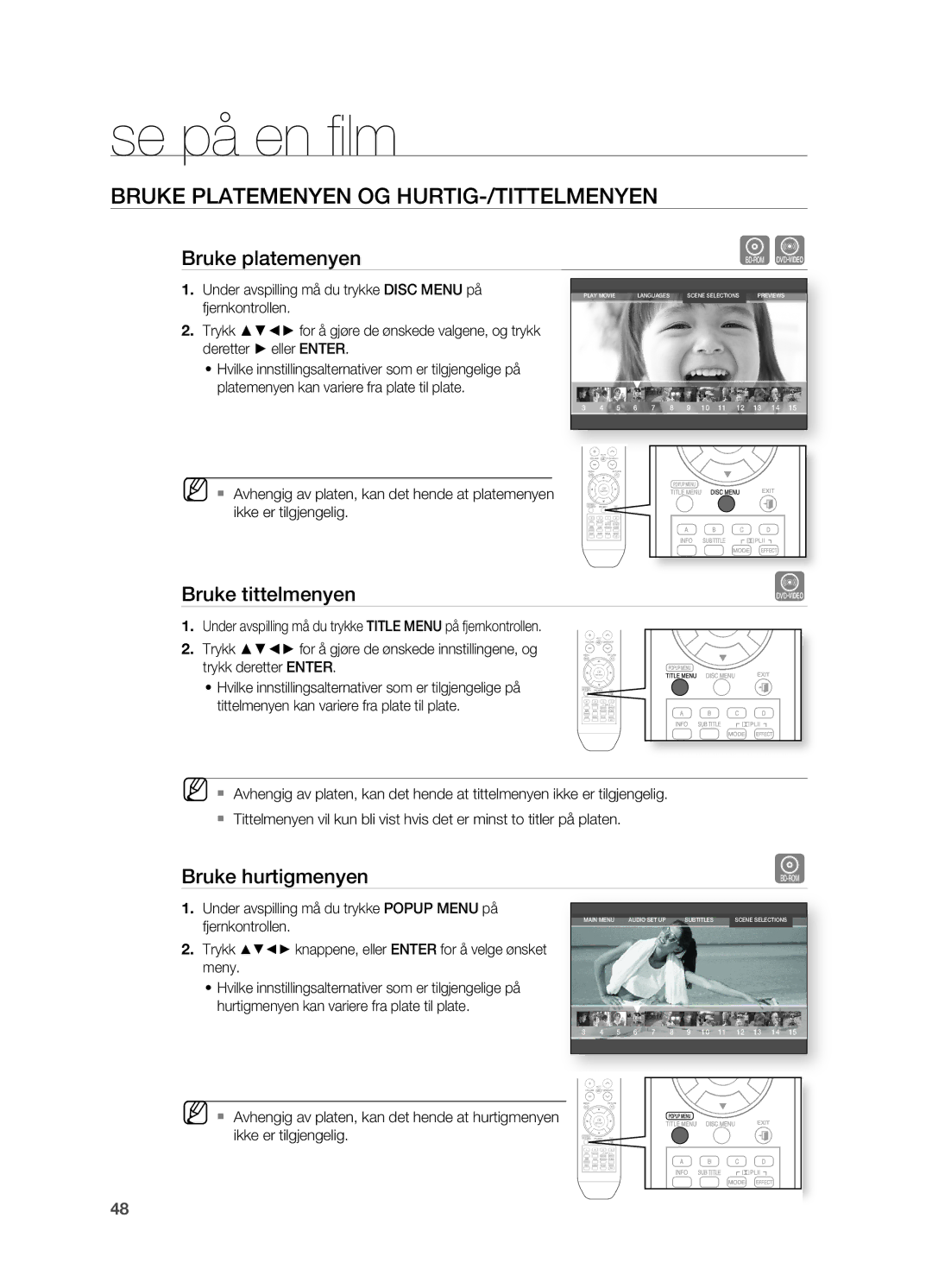 Samsung HT-BD2ER/XEE Bruke Platemenyen Og HURTIg-/TITTELMENYEN, Bruke platemenyen, Bruke tittelmenyen, Bruke hurtigmenyen 