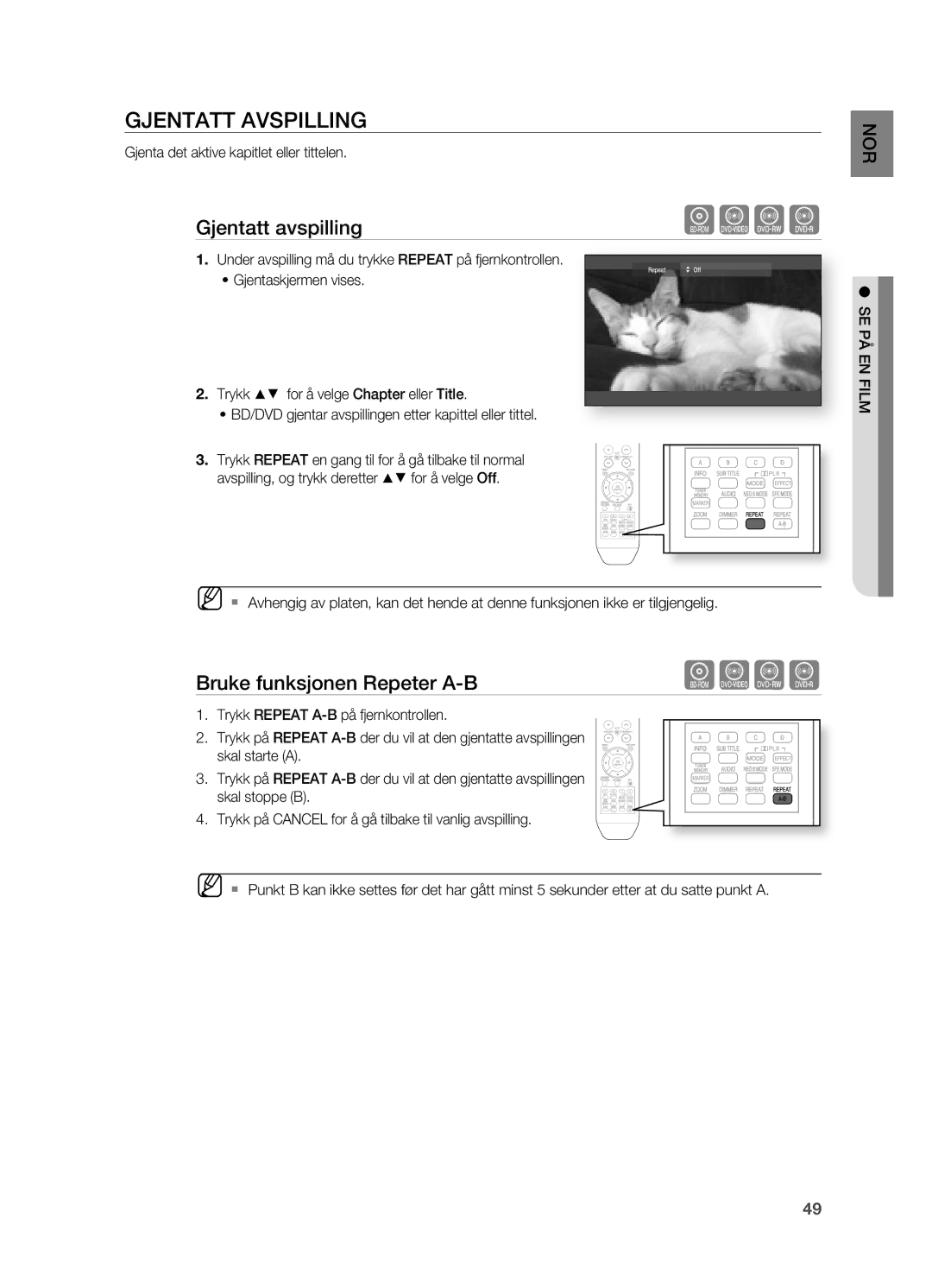 Samsung HT-BD2R/XEE, HT-BD2ER/XEE manual GJENTATT AVSPILLINg, Gjentatt avspilling, Bruke funksjonen Repeter A-B 