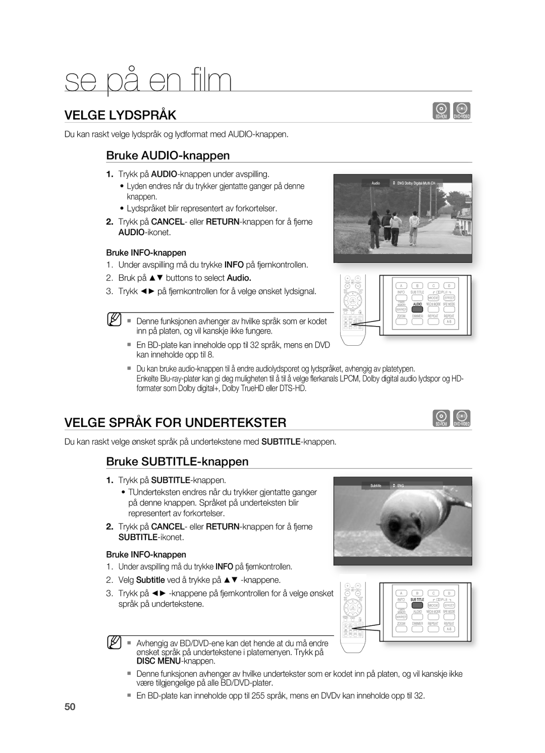 Samsung HT-BD2ER/XEE manual VELgE Lydspråk, VELgE Språk for Undertekster, Bruke AUDIO-knappen, Bruke SUBTITLE-knappen 