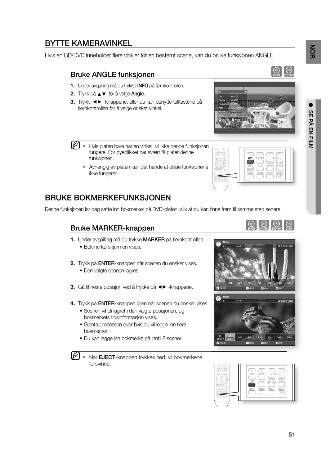 Samsung HT-BD2R/XEE, HT-BD2ER/XEE manual Bytte Kameravinkel, Bruke Bokmerkefunksjonen, Bruke ANgLE funksjonen 