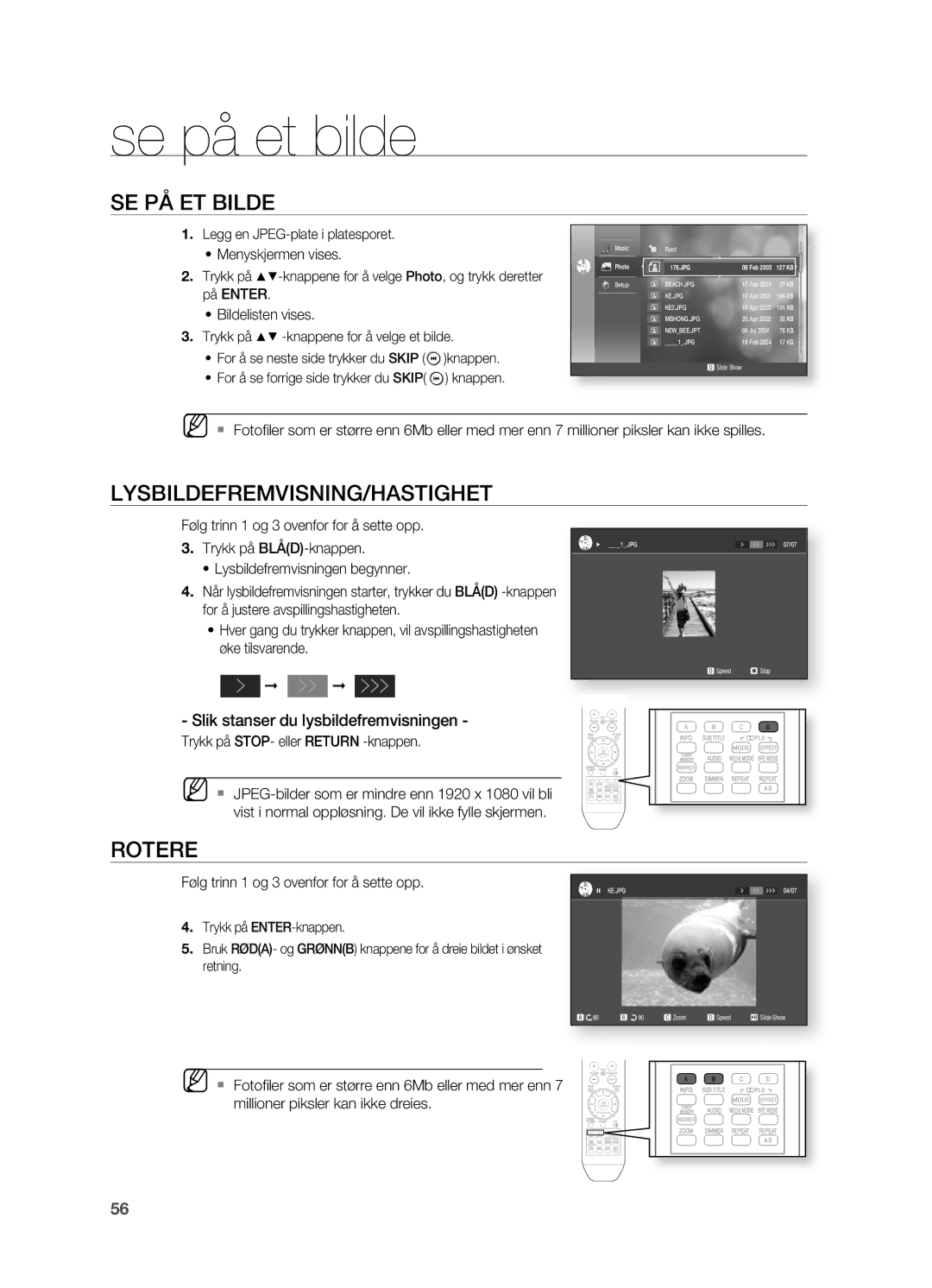 Samsung HT-BD2ER/XEE, HT-BD2R/XEE manual Se på et bilde, SE PÅ ET Bilde, LYSBILDEFREMVISNINg/HASTIgHET, Rotere 