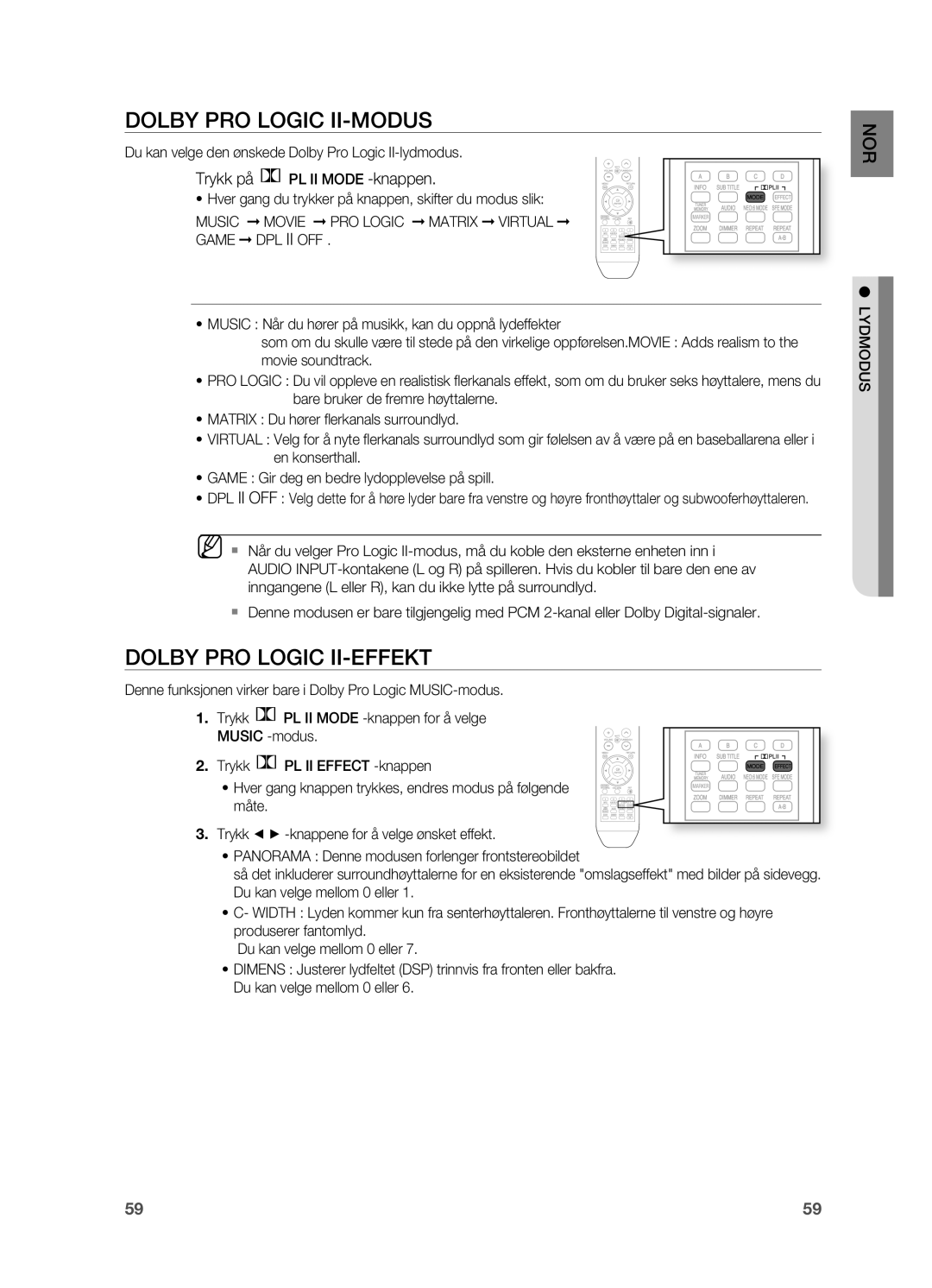 Samsung HT-BD2R/XEE manual Dolby PRO LOgIC II-MODUS, Dolby PRO LOgIC II-EFFEKT, Trykk på PL II Mode -knappen, Lydmodus 