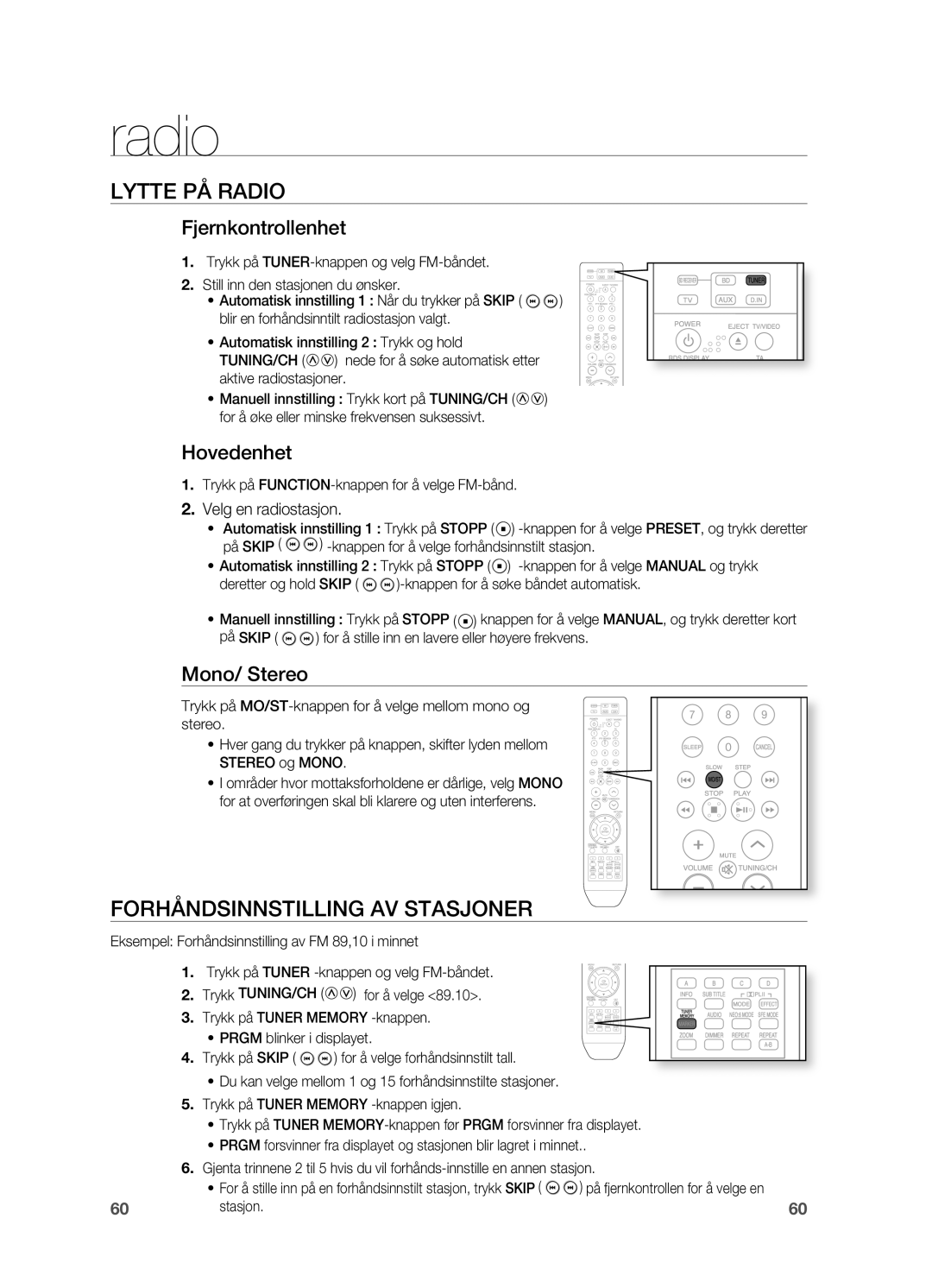 Samsung HT-BD2ER/XEE, HT-BD2R/XEE manual Lytte PÅ Radio, FORHÅNDSINNSTILLINg AV Stasjoner 