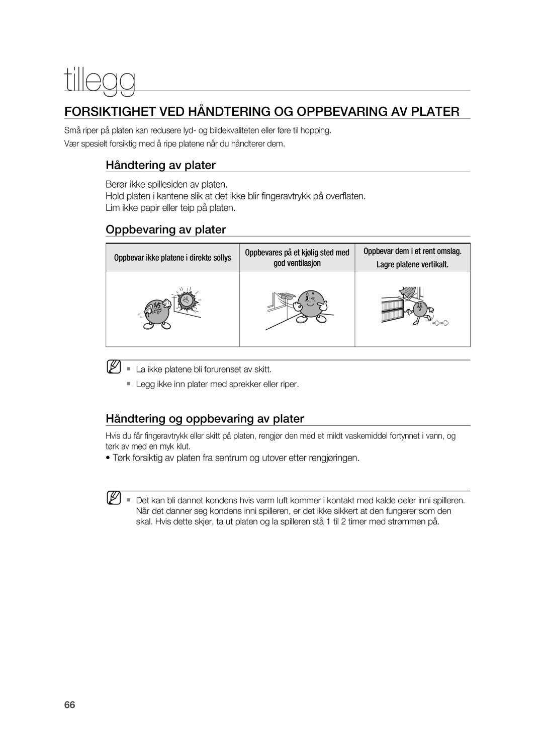 Samsung HT-BD2ER/XEE, HT-BD2R/XEE manual Tillegg, Forsiktighet ved håndtering og oppbevaring av plater, Håndtering av plater 