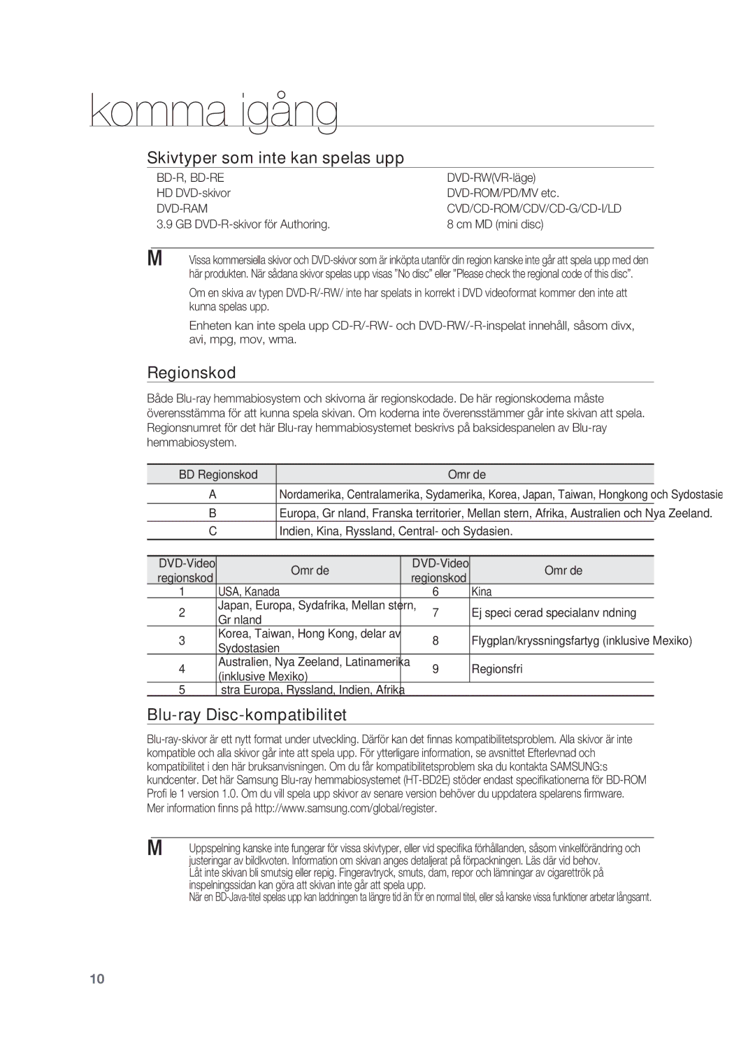 Samsung HT-BD2ER/XEE, HT-BD2R/XEE manual Skivtyper som inte kan spelas upp, Regionskod, Blu-ray Disc-kompatibilitet, Dvd-Ram 