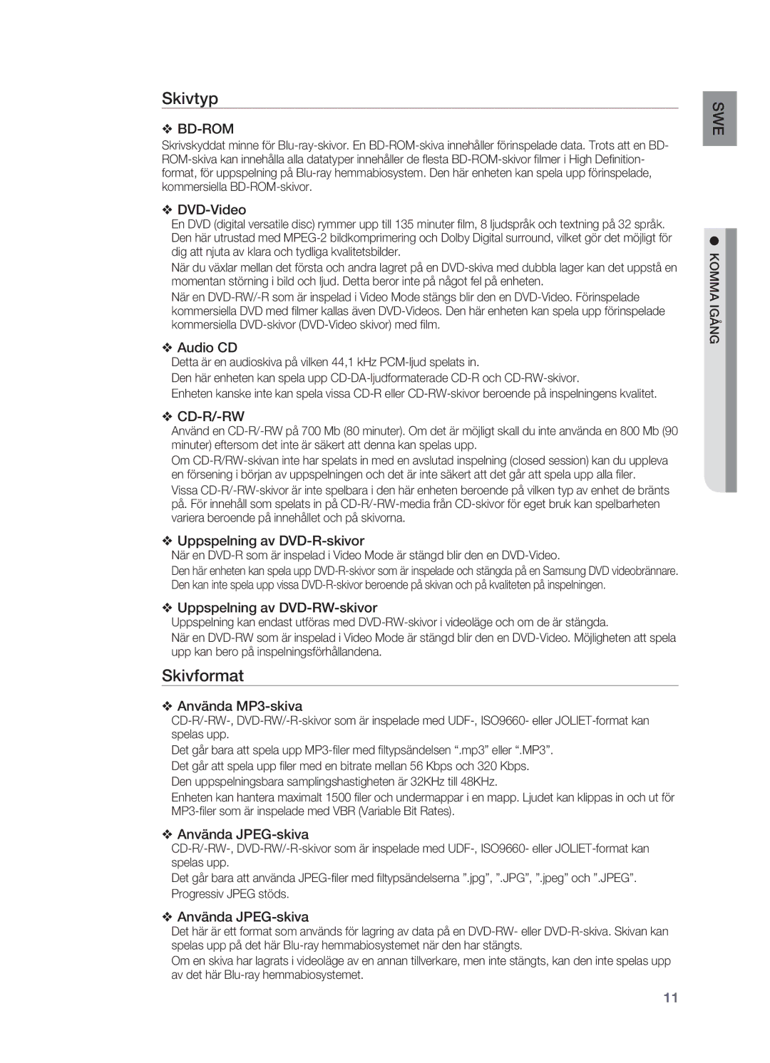 Samsung HT-BD2R/XEE, HT-BD2ER/XEE manual Skivtyp, Skivformat 