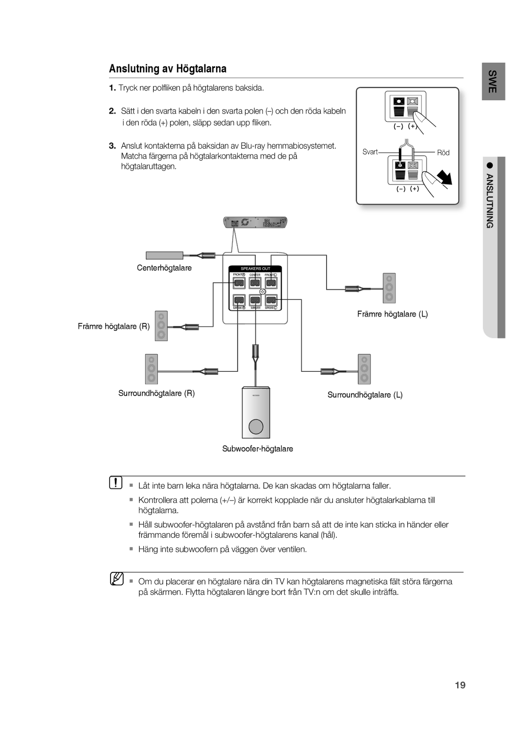 Samsung HT-BD2R/XEE manual Tryck ner polfl iken på högtalarens baksida, Matcha färgerna på högtalarkontakterna med de på 