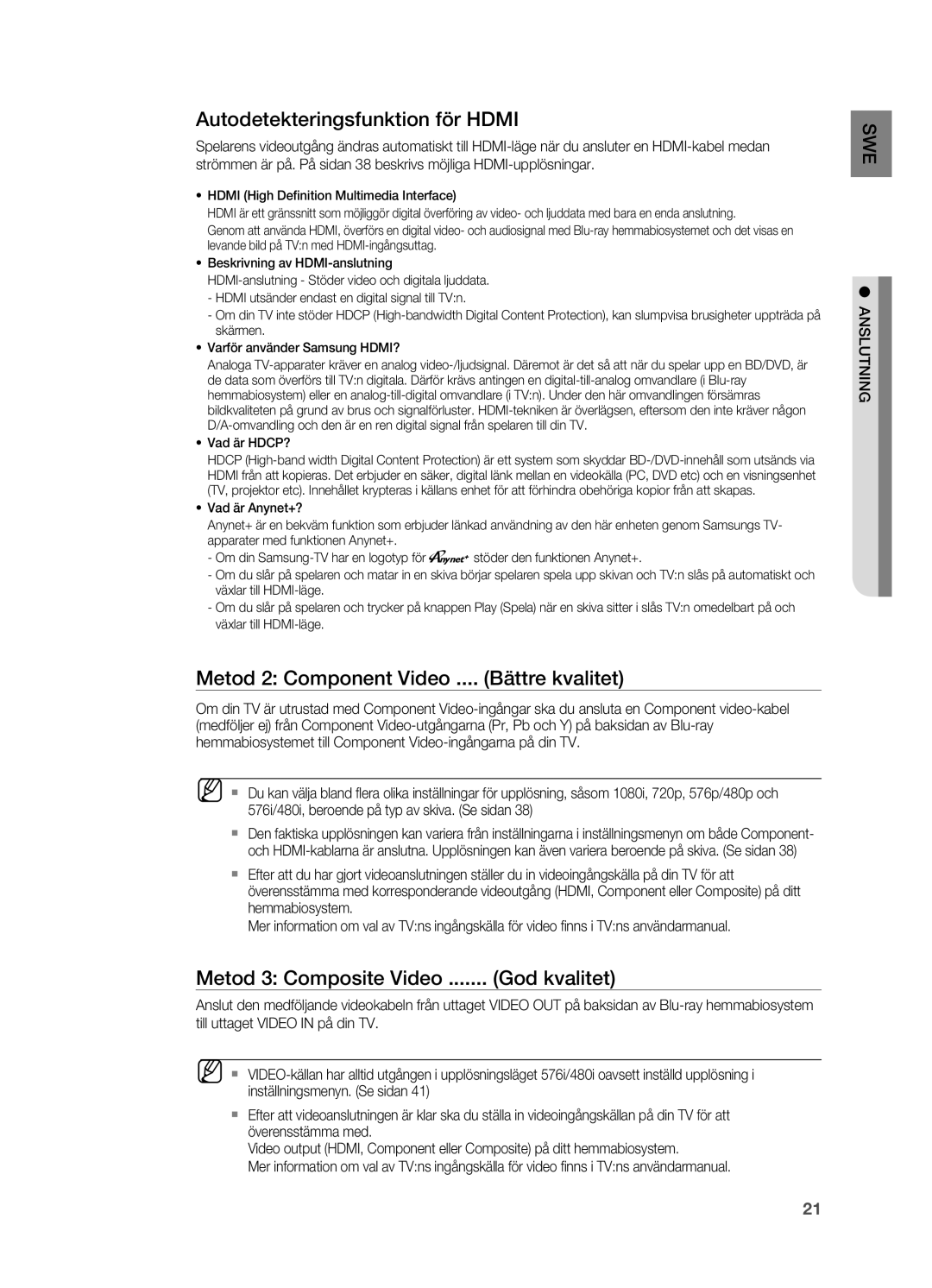 Samsung HT-BD2R/XEE, HT-BD2ER/XEE manual Autodetekteringsfunktion för Hdmi, Metod 2 Component Video .... Bättre kvalitet 