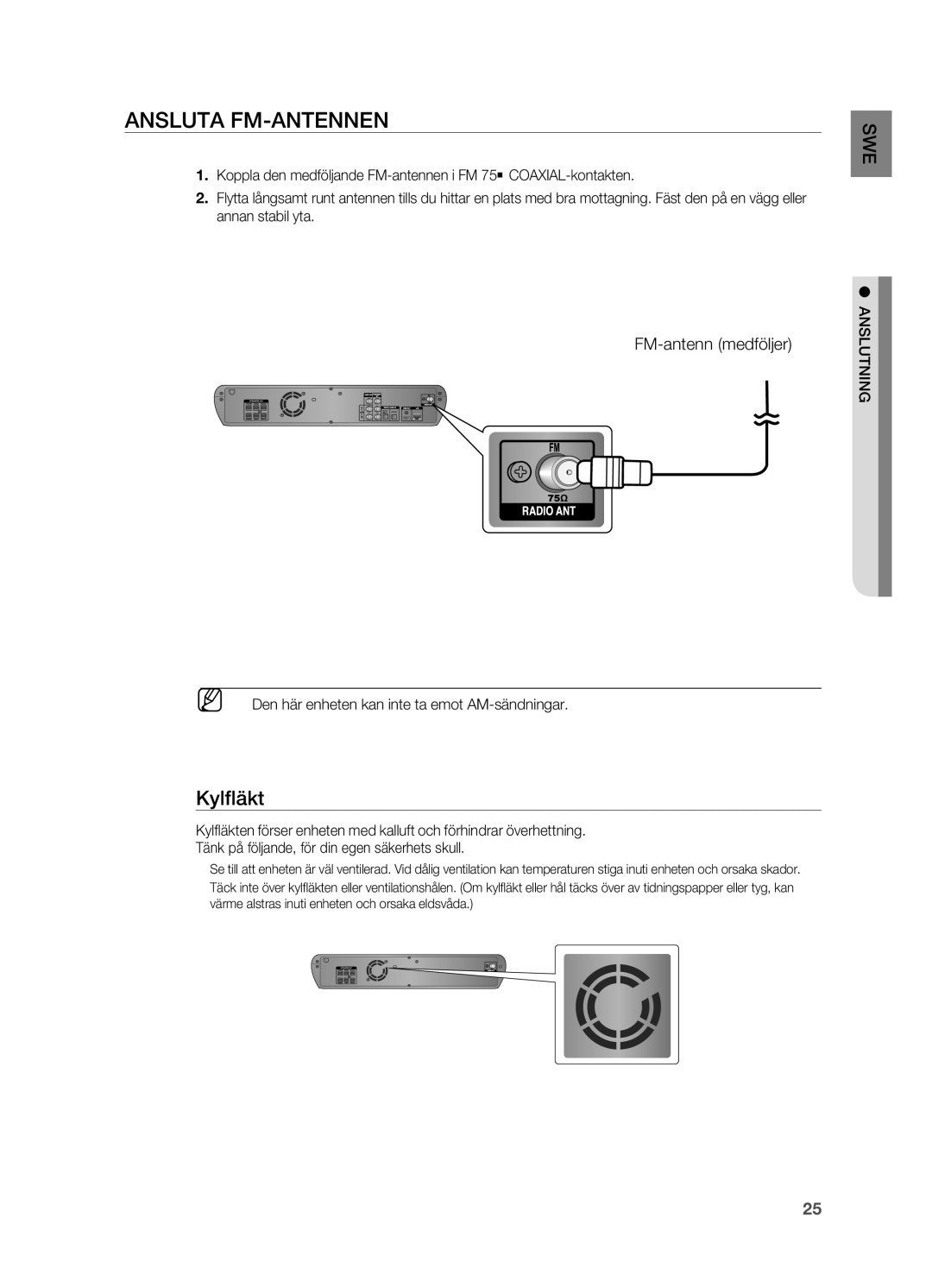 Samsung HT-BD2R/XEE, HT-BD2ER/XEE manual Ansluta FM-antennen, Kylfläkt, FM-antenn medföljer 