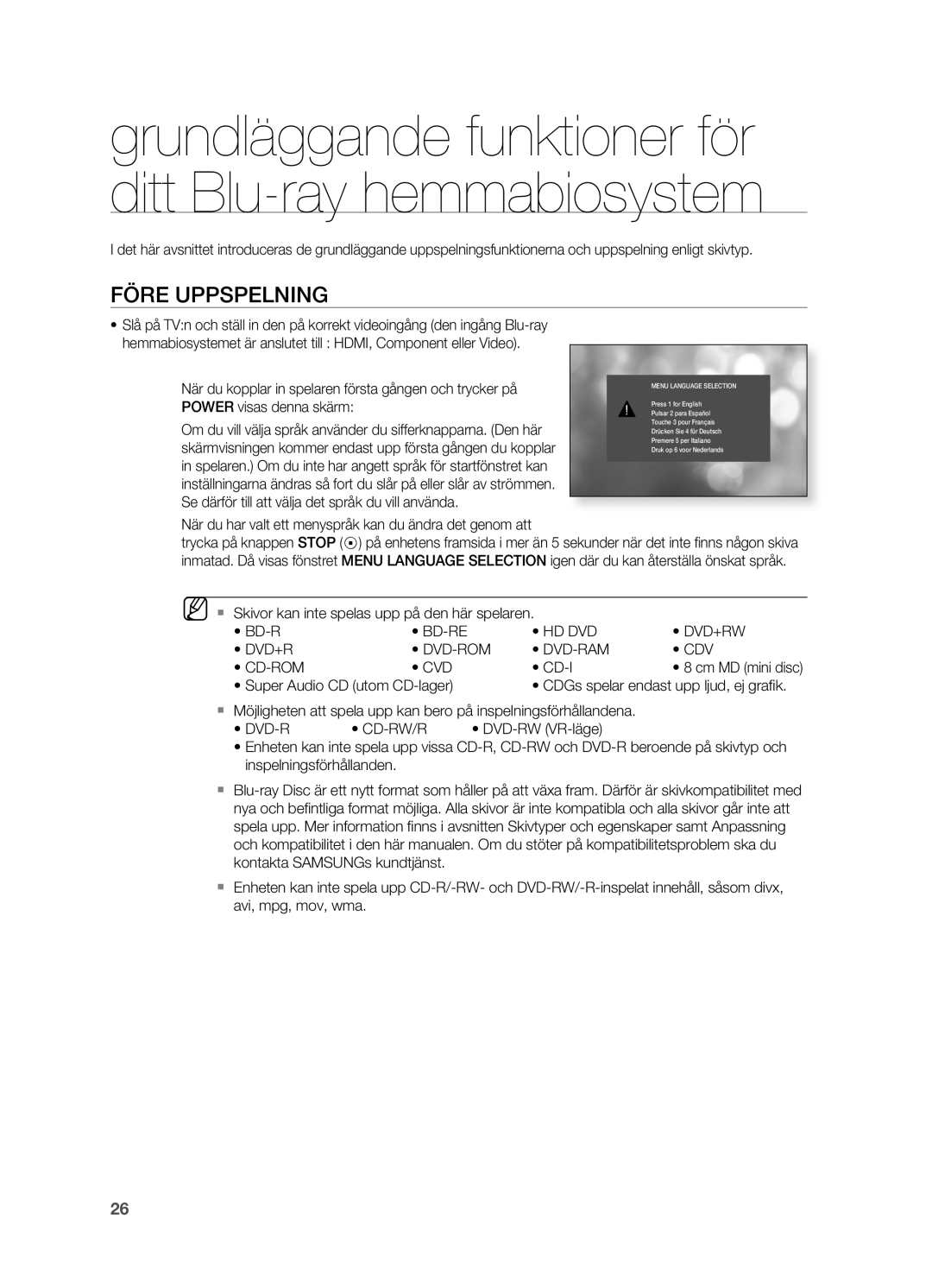 Samsung HT-BD2ER/XEE, HT-BD2R/XEE manual Före UPPSPELNINg, Bd-Re Hd Dvd Dvd+Rw Dvd-Rom Dvd-Ram Cdv Cd-Rom Cvd 