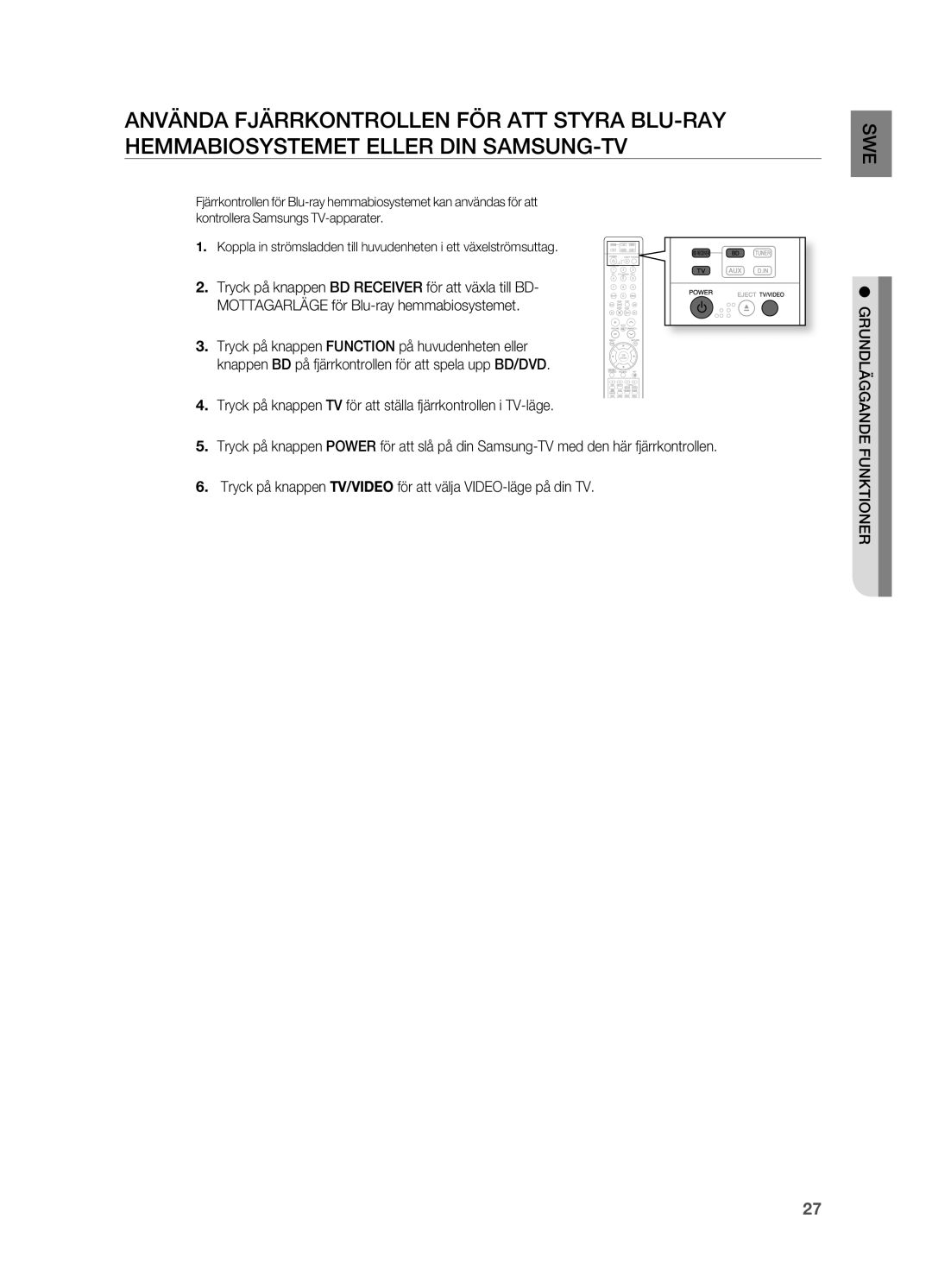 Samsung HT-BD2R/XEE, HT-BD2ER/XEE manual GRUNDLäggANDE Funktioner 